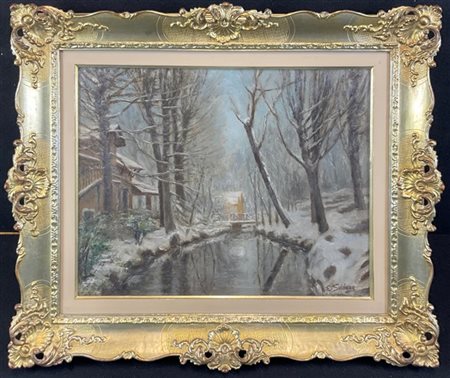 Erminio Soldera "Scorcio fluviale con neve" 
olio su compensato (cm 40x50)
firma