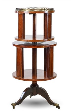 Libreria da centro girevole impiallacciata in mogano e filettata, a doppio elem