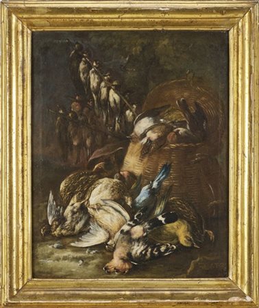 Baldassarre De Caro "Composizione con cesta e cacciagione"
olio su tela (cm 62x5