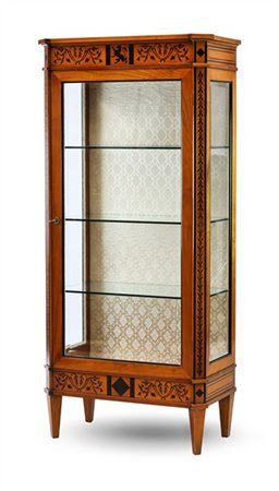 Vetrina scantonata ad un'anta in legno con decori ebanizzati a motivi fitomorfi