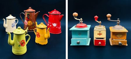 Cartone contenente numerose caffettiere in latta dipinta, macinini, una sfera i