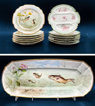 Manifattura francese, fine secolo XIX. Servizio da pesce in porcellana dipinta
