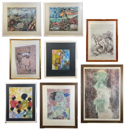Lotto composto da otto fra stampe e tecniche miste su carta di autori, soggetti