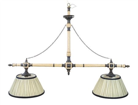 Lampada da biliardo in legno tornito e dipinto a due luci con paralumi (l cm 18
