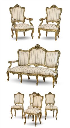 Fornitura da salotto composta da: divano, coppia di poltrone e quattro sedie in