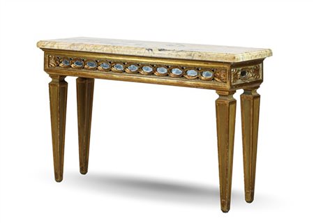 Console in legno intagliato, dorato e laccato con fascia decorata da motivi ova