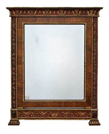 Caminiera in legno e pastiglia dipinta e dorata con fasce decorate a palmette,