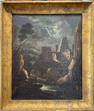 Scuola del secolo XIX

"Paesaggio notturno con ruderi e personaggio"
olio su te