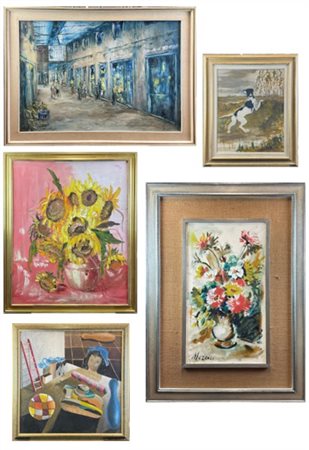 Lotto composto da cinque dipinti ad olio e acrilico su tela di soggetti e autor