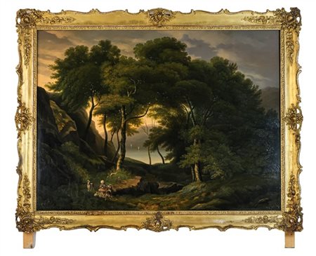 Scuola del secolo XIX
"Bosco con lago sullo sfondo" 
olio su tela (cm 127x170)