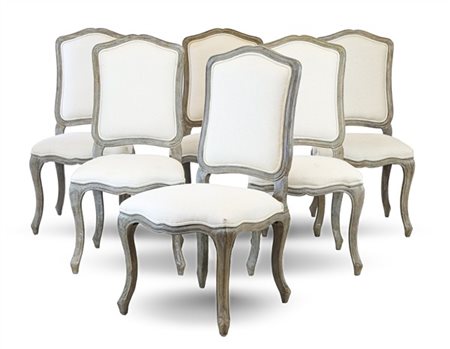 Gruppo di sei sedie in legno decapato con seduta e schianale imbottiti e rivest