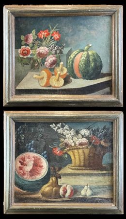 Ignoto"Composizioni con zucca e anguria"
coppia di dipinti ad olio su tela (cm