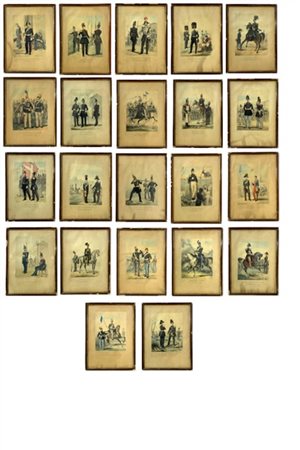 Gruppo di ventidue incisioni a colori del secolo XIX raffiguranti scene di vita