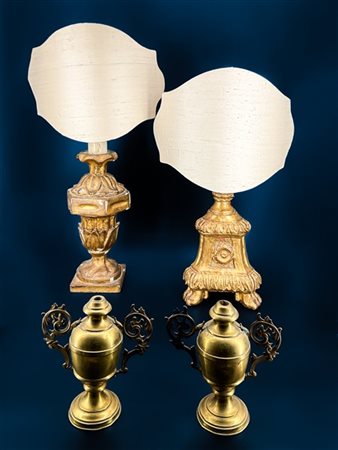 Lotto composto da due lampade ricavate da due antichi portapalme in legno intag