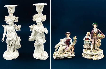 Lotto composto da due gruppi pastorali in porcellana policroma e una coppia di