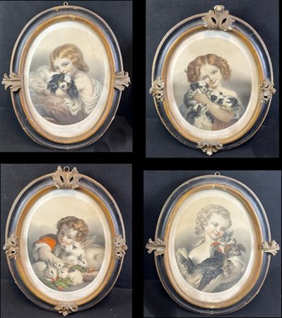 Da Régnier, secolo XIX. Gruppo di quattro incisioni ovali a colori raffiguranti