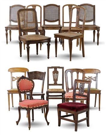 Lotto composto da quattordici diverse sedie in legno, alcune con parti incannuc