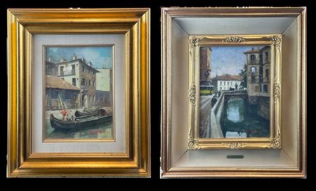 Rialdo Guizzardi "Lotto composto da due scorci della vecchia Milano" 
olio su te