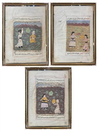 Arte persiana, secolo XIX-XX. Gruppo di tre miniature su carta a tempera policr