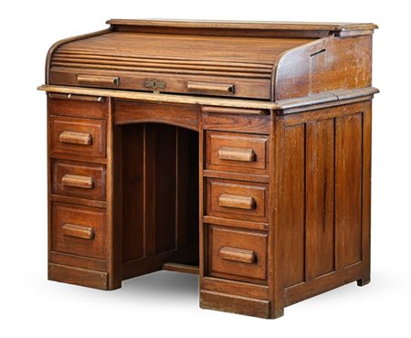 Scrivania da centro con serrandina in rovere, fronte a sei cassetti e parte sup