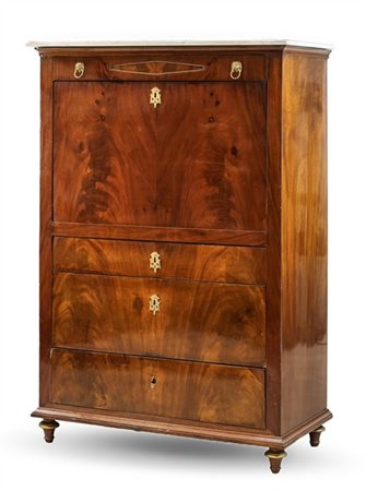 Secrétaire lastronato in mogano con fronte a quattro cassetti e calatoia che ri