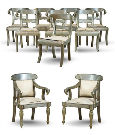 Gruppo di otto sedie e due poltrone in legno rivestito in metallo color argento