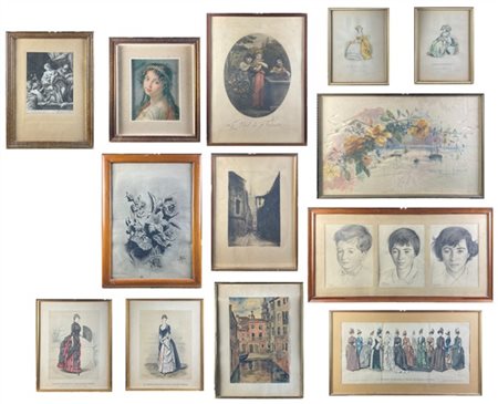 Cartone contenente numerose stampe e alcuni disegni di epoche diverse. In corni