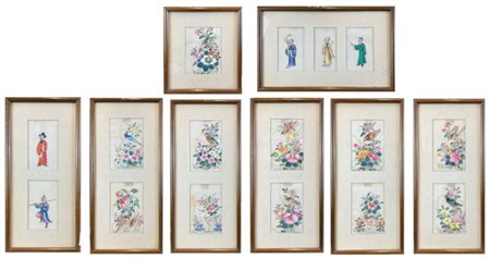 Lotto di otto pannelli con disegni su carta di riso con soggetti diversi. Cina,