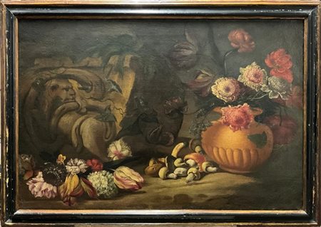 Scuola del secolo XVIII

"Vaso fiorito con funghi e frammento architettonico"
o