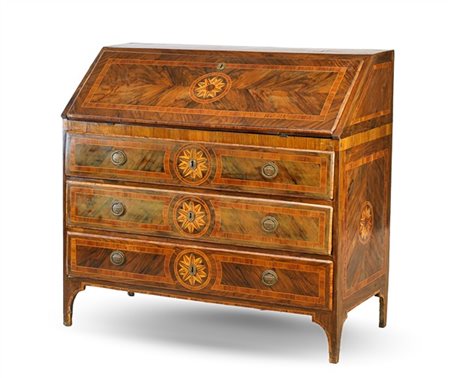 Ribalta lastronata in palissandro e legni di differenti essenze, decorata da fi