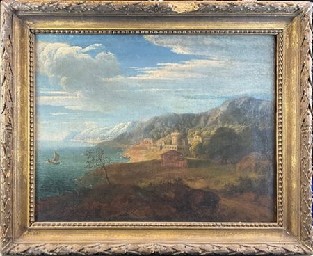 Scuola della fine del secolo XVIII

"Paesaggio con barca di pescatori"
olio su