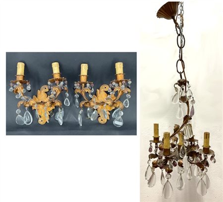 Lotto composto da un lampadario a cinque fiamme e due applique a due fiamme in