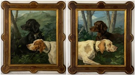De Vivo Donato Francesco Coppia di oli su tela raffiguranti "Cani da caccia entr