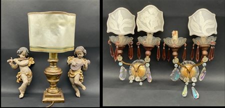 Lotto composto da lampada in legno tornito e dorato, coppia di applique a due f