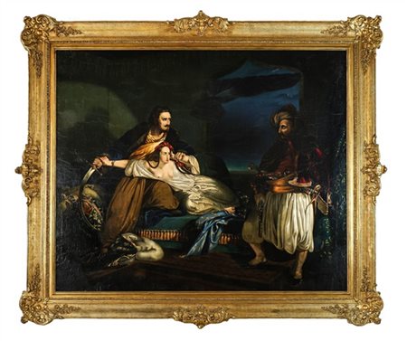 Scuola del secolo XIX

"Hassan scopre Leyla e il Giaurro" 
olio su tela (cm 150