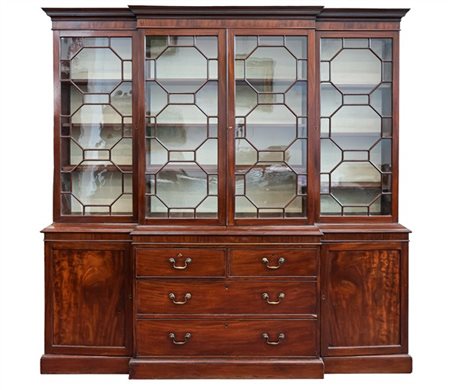 Libreria a due corpi in mogano con parte superiore a quattro ante con vetri, pa