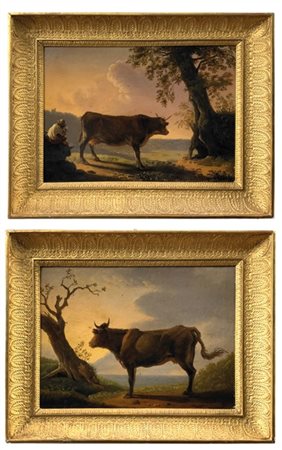 Scuola del secolo XIX

"Coppia di oli su tela raffiguranti "Mucche"" 
 (cm 28x3