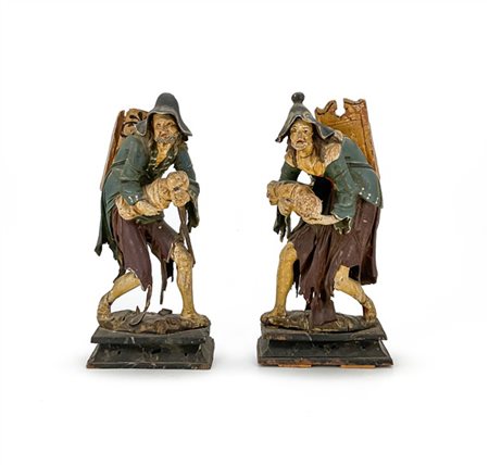 Scultore veneto del secolo XVIII. Due figure popolari di "pitocchi" in legno in