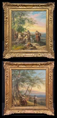 Scuola del secolo XIX, Coppia di "Paesaggi con sosta di viandanti"olio su carta
