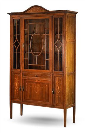 Mobile vetrina impiallacciato, filettato e intarsiato in legno chiaro con decor