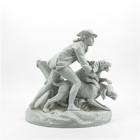 Manifattura del secolo XX. Gruppo in porcellana bianca raffigurante giovane cac