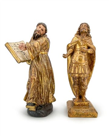 Scultore del secolo XVIII-XIX. Due figure di Santi in legno intagliato, dipinto