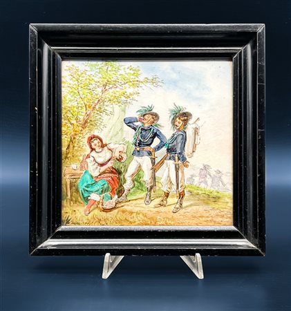 Winsor & Newton.
Piastrella in ceramica policroma raffigurante scena di genere