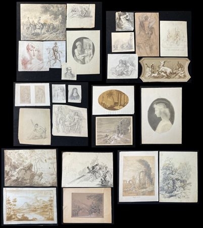 Lotto composto da numerosi disegni di autori, soggetti, tecniche e misure diffe
