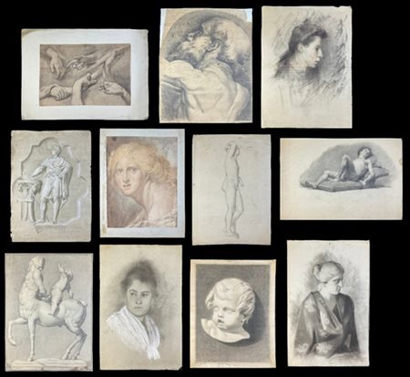 Lotto composto da numerosi studi di volti, figure e mani del secolo XIX-XX, di