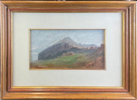 Salvatore Petruolo "Scorcio costiero con borgo" 
olio su tavola (cm 17x32)
firma