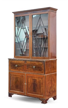 Bureau bookcase impiallacciato in mogano e filettato, parte inferiore a due spo