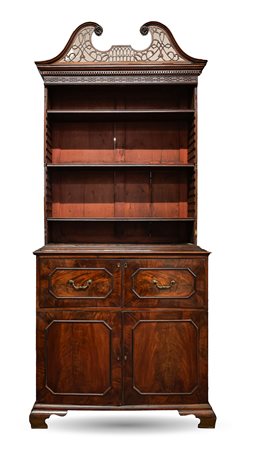 Bureau bookcase in mogano, parte inferiore a due sportelli e cassetto con front