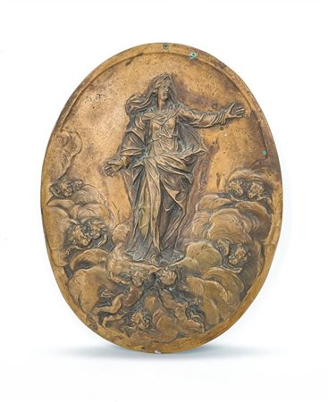 Placca ovale in fusione di bronzo raffigurante l'Immacolata, inizio secolo XX (