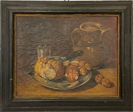 Scuola del secolo XIX o XX

"Composizione con pane, salame, noci e brocca"
olio